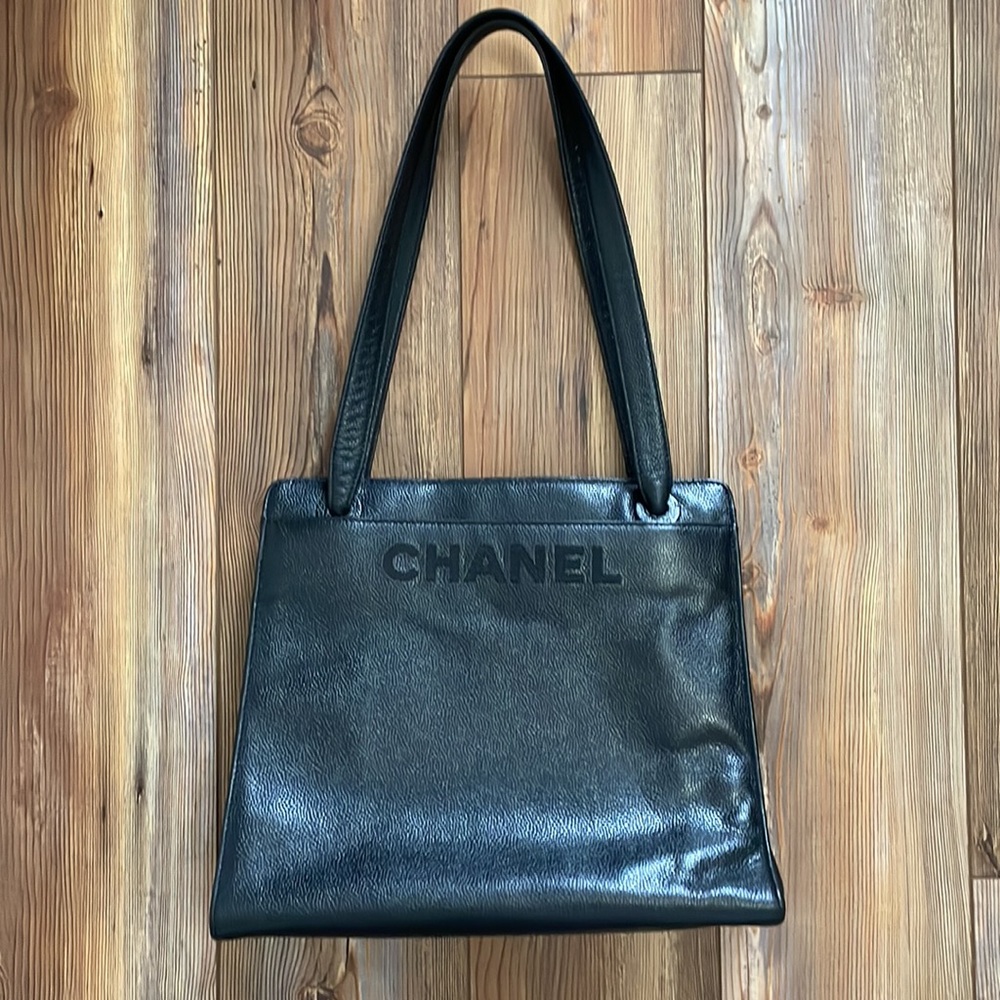 CHANEL Caviar Embroidered Logo Shoulder Bag